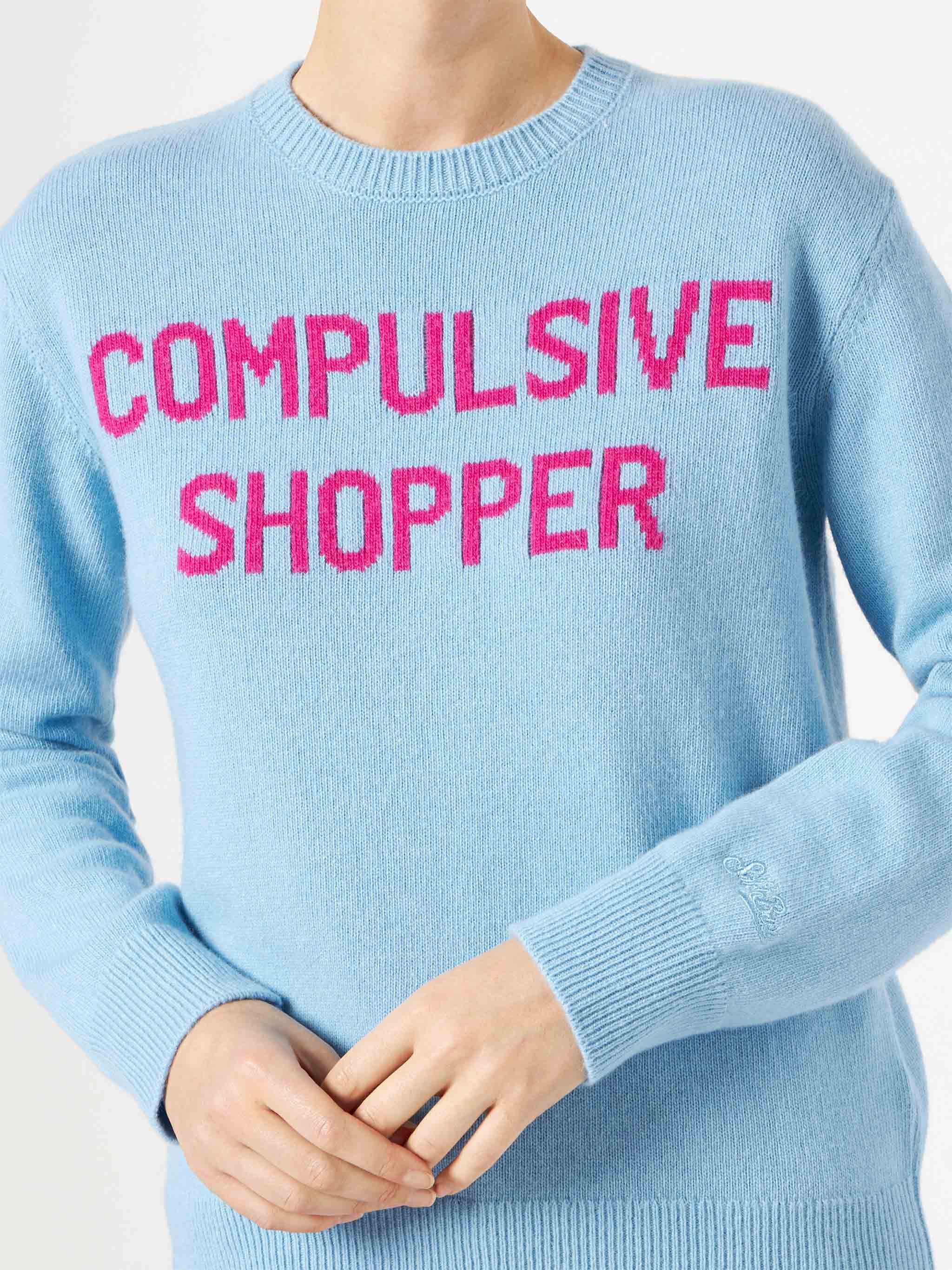 Maglione da donna girocollo di colore azzurro con stampa Compulsive Sh