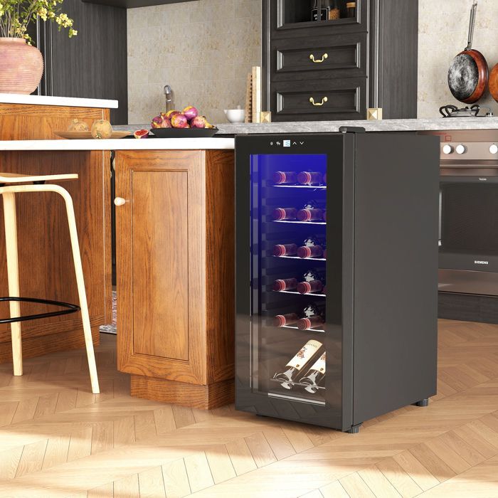 Wine cellar - HOMCOM - 18 bottles, 50L, high performance, adjustable temperature 5-18°C, LED light - black