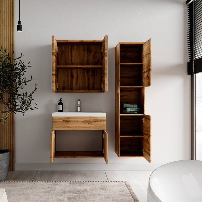 Montreal Bathroom Furniture Set - Badplaats - 60cm Oak Sink - Storage Mirror Cabinet