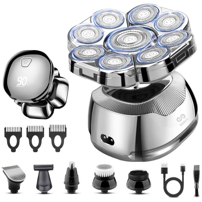 Afeitadora eléctrica SEABUTY 6 en 1 para hombre - Cabezal flexible 9D, resistente al agua IPX6 - Uso en seco y húmedo - Portátil con pantalla
