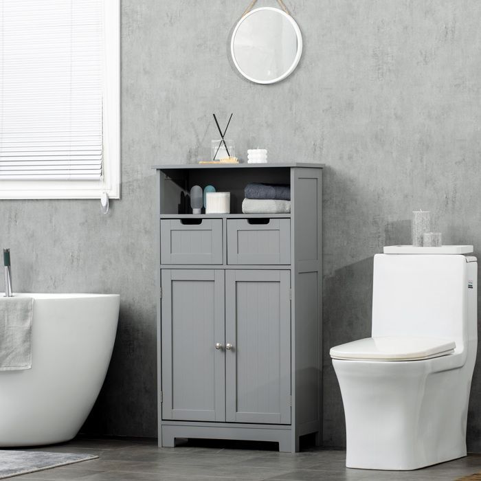 Meuble de salle de bain - kleankin - 2 tiroirs, niche, placard avec porte, étagère réglable - 60 x 30 x 109 cm - gris