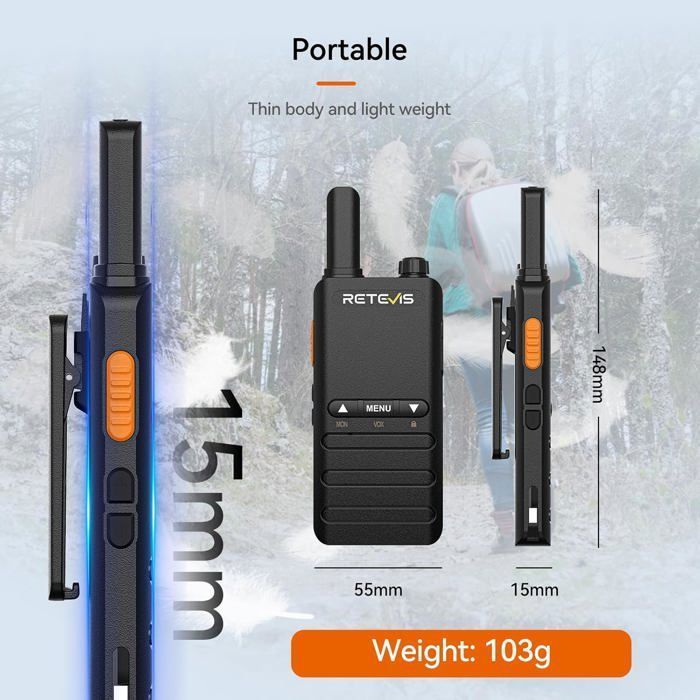 Walkie Talkie Retevis B63B, delgado y ligero de 15 mm, 1620 mAh, Tipo C, VOX, alarma de emergencia, walkie talkie para uso familiar en exteriores.