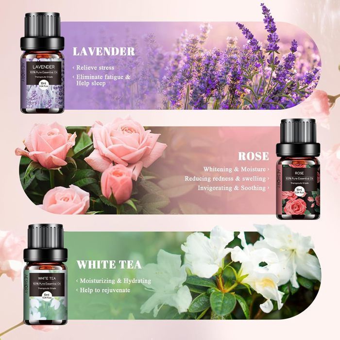 Kit de 6 x 10 ml de aceites esenciales florales 100% naturales - Aromaterapia relajante para difusor - Flor de cerezo, té blanco, jazmín, lavanda