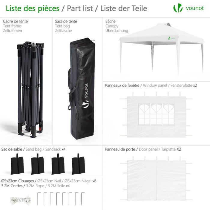 VOUNOT® Tonnelle de jardin 3x3m pliable installation facile POP UP avec portes et fenêtres - Imperméable et anti-UV - Blanc