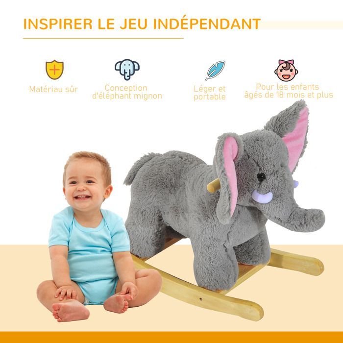 Elefante balancín HOMCOM para niños, juguete balancín para bebés de 18 a 36 meses - Música y asas, capacidad de carga de 60 kg, gris