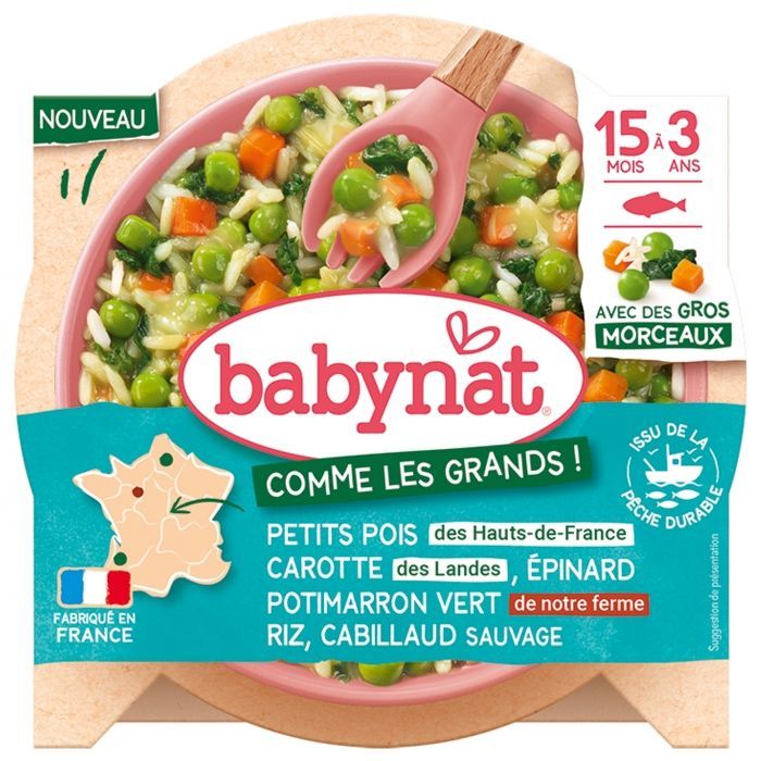 Babybio Babynat Piselli, Spinaci, Carota, Zucca Butternut, Riso Verde e Merluzzo Selvatico, dai 15 mesi ai 3 anni, 200 g