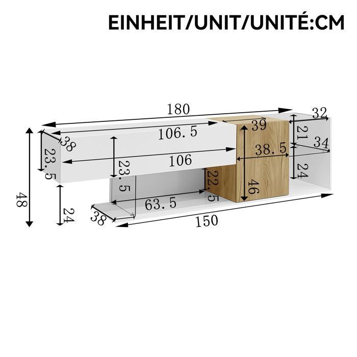 Mobile porta TV moderno - LEMONBEST - 180x38x48 cm - Bianco lucido - 2 ante - Ripiani in vetro temperato