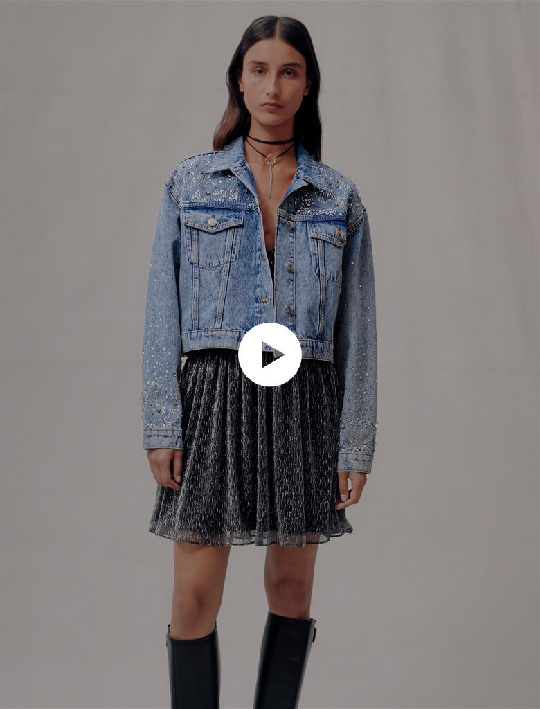 Jachetă din denim decorată cu strasuri - Albastră