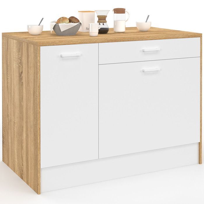 IDMARKET Ilot central LIO maxi capacité de rangement bois et blanc