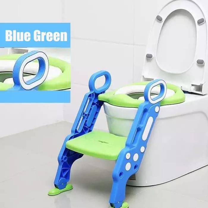 Reductor de asiento de inodoro para bebés y niños, escalera plegable ajustable con peldaños anchos - Asiento de inodoro cómodo, AZUL VERDE