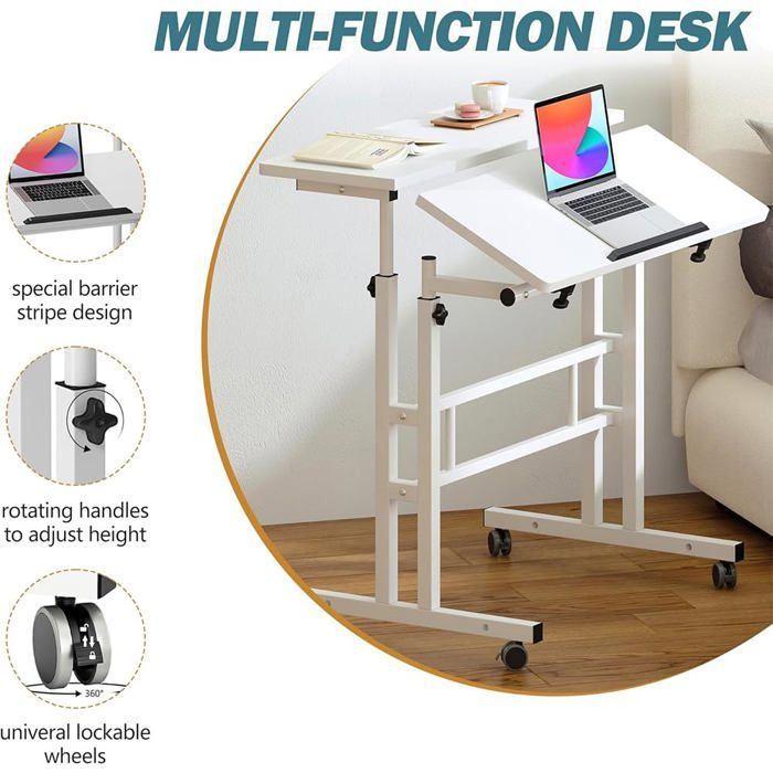 Bureau d'ordinateur compact et ergonomique, Hauteur réglable (70-110 cm), plateau inclinable avec roulettes, chambre, salon, noir