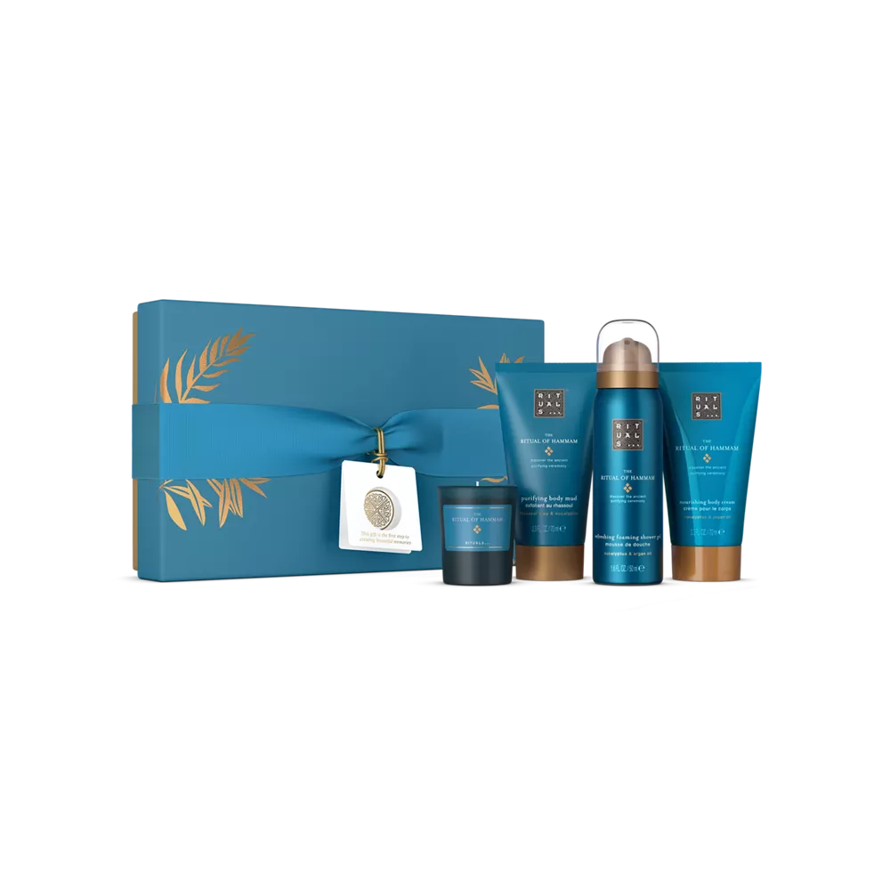 El set de regalo Ritual of Hammam S: gel de ducha espumoso 50 ml, vela aromática 25 g, lodo corporal 70 ml, crema corporal 70 ml.