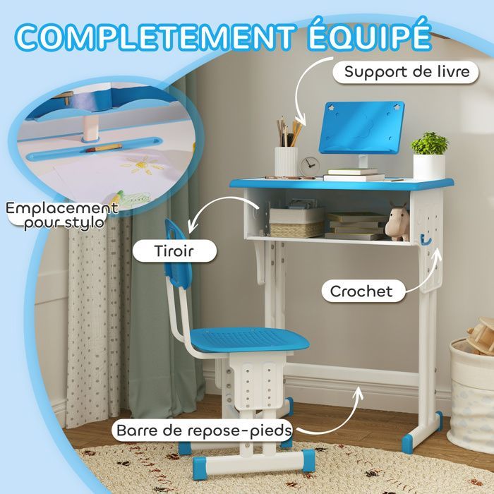 Bureau et chaise pour enfant HOMCOM avec support de lecture casier crochet et porte stylo - hauteur réglable - 60 x 45 x 90-102 cm
