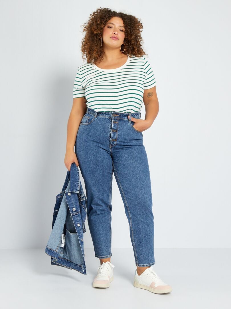 Calça jeans mom de cintura alta com 5 bolsos, tamanho L32 - AZUL