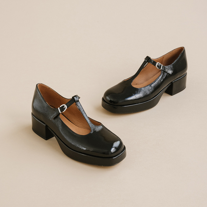 Salomés à petits talons et semelles épai...  en vernis plissé noir