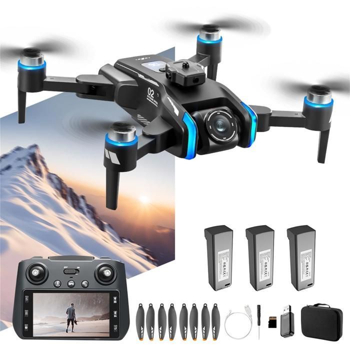 Dron GPS de doble cámara con giro de 180°, control remoto 5G, pantalla, retorno inteligente y 3 baterías.