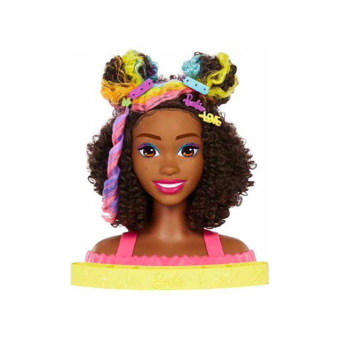 Grote zwarte stylingkop van gemengde afkomst met regenboogaccenten - 22 Barbie-accessoires met kleurverloop - Speelgoedset