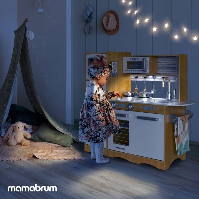 Cozinha de Brinquedo Infantil Mamabrum em Madeira com LED, 93x30x83 cm - com Geladeira, Micro-ondas, Fogão, Utensílios e Avental - para Crianças a partir de 3 Anos
