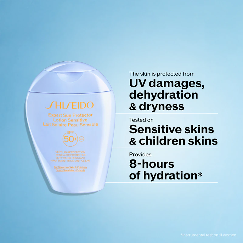 Loção Protetora Solar Shiseido Expert Sun Protector Sensitive FPS 50+, leite protetor para pele sensível.