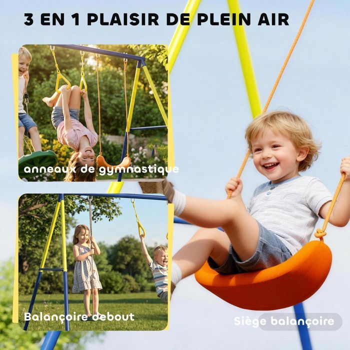 Children's Swing Set - AIYAPLAY - 3 in 1 - 2 Swings, 2 Gymnastic Rings - Steel - 285x160x181cm - Multicoloured