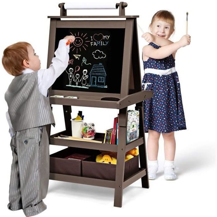 Cavalletto magnetico per bambini GOPLUS, bianco/nero, 59x50x117 cm, cavalletto a doppia faccia con rotolo di carta e scatole portaoggetti, marrone