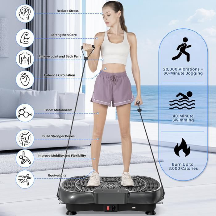Plaque vibrante avec moteur silencieux+Bluetooth - 99 niveaux de vibration+15 programmes d'exercices - avec télécommande - Noir