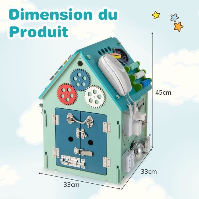 DREAMADE Cube d'Activités Enfant en Bois, Maison de Jeu 33 Composants, Espace de Rangement Intérieur pour Enfants 3Ans+, Bleu