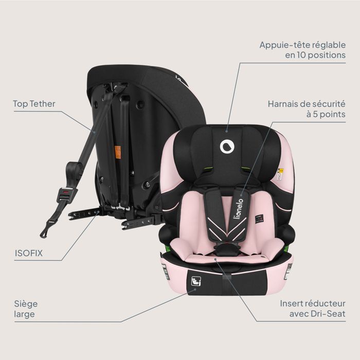 Seggiolino auto convertibile LIONELO Levi Fix i-Size - ISOFIX - 76-150 cm - Seduta larga - Gruppo 1/2/3 - Rosa
