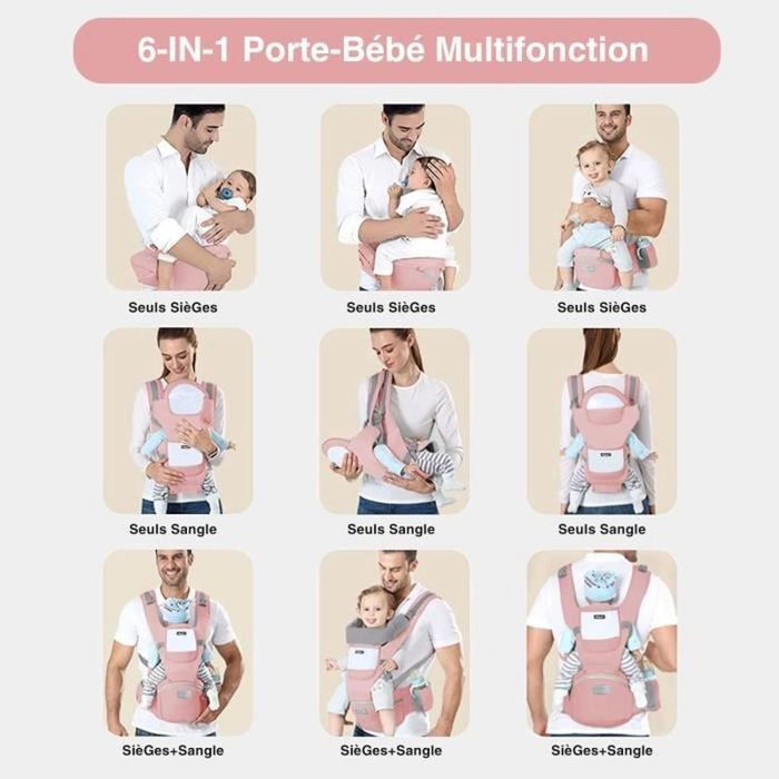 Portabebés multifuncional 6 en 1 para senderismo con asiento ergonómico ajustable para bebés y niños de 3 a 36 meses, color rosa.