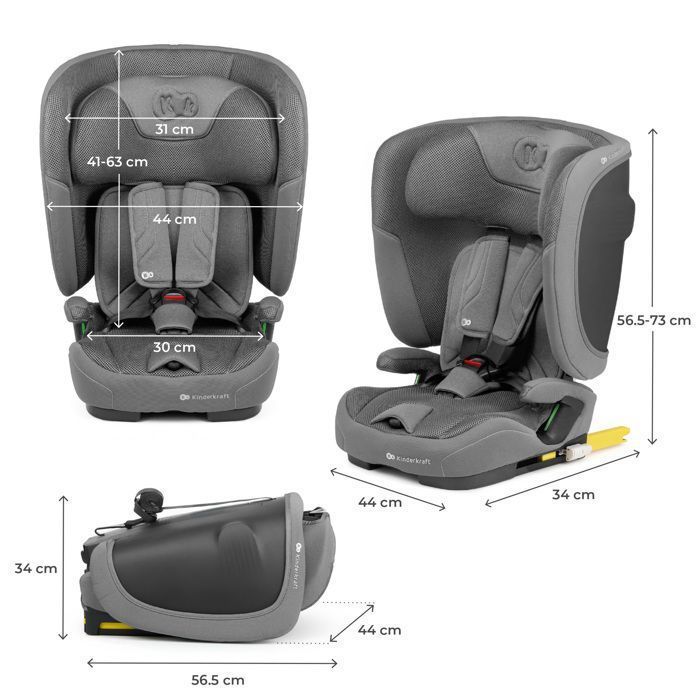 Seggiolino auto Kinderkraft FIX2GO I-SIZE, 76–150 cm, da 15 mesi a 12 anni, ISOFIX, schienale pieghevole, facile da trasportare, grigio.