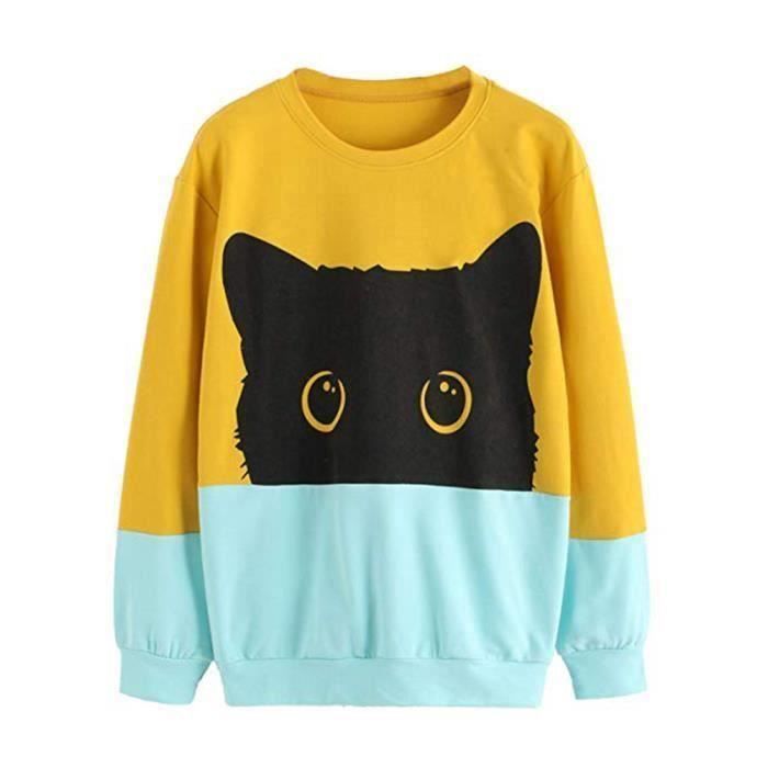 Sweat Femmes - FUNMOON - Imprimé Chat - Manches Longues - Capuche - Jaune