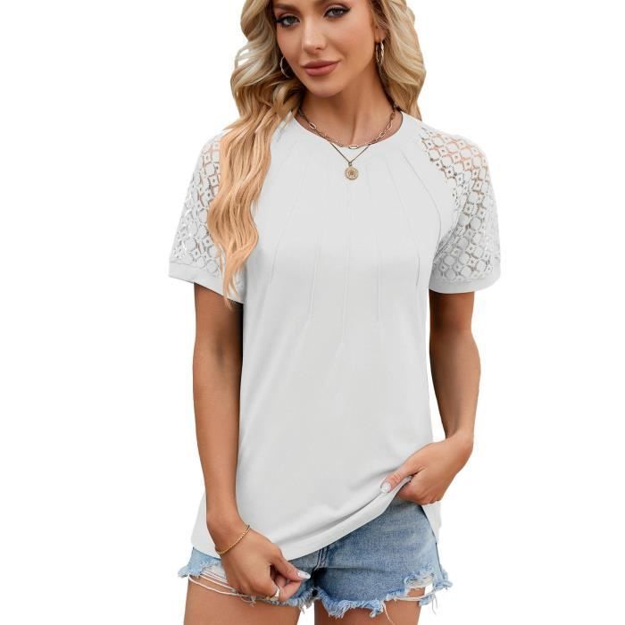 T-Shirt Femme Dentelle Manches Courtes Casual Tee Shirt Lache Ete Col Rond Couleur Unie Confortable - Taille EU - Blanc