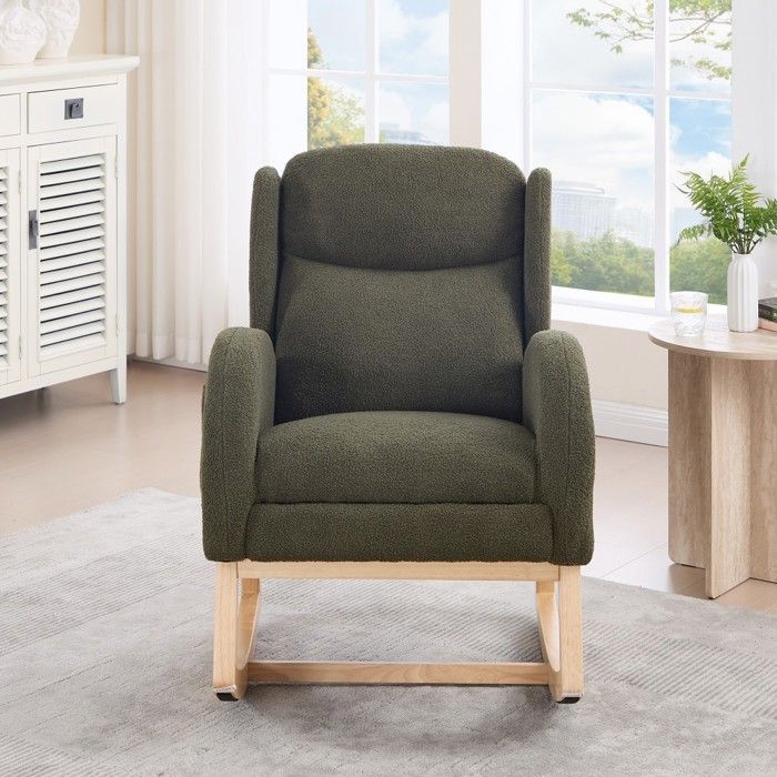 Rocking nursing chair with adjustable footrest, high back and comfortable Teddy fabric - Green