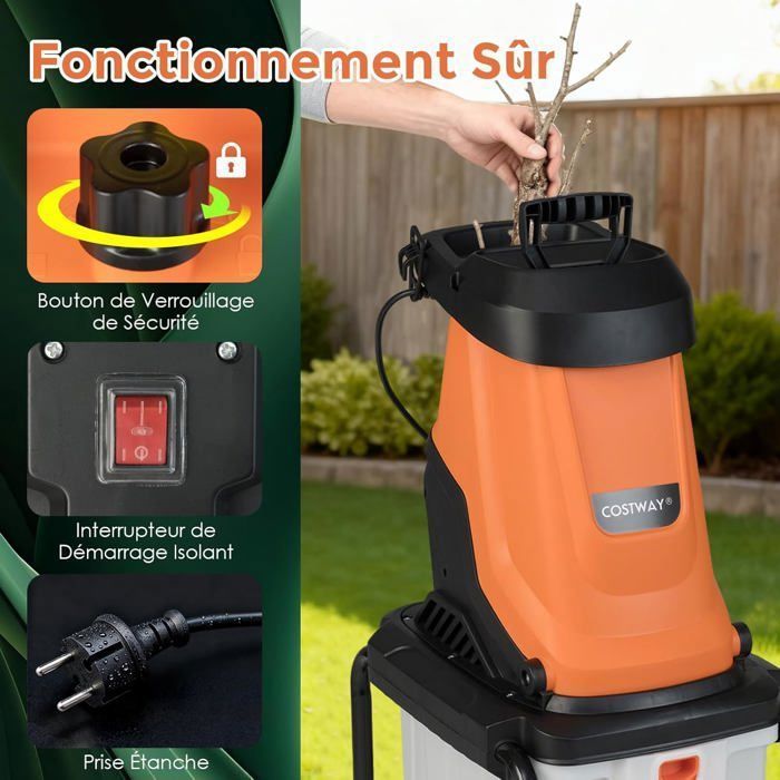 Broyeur de Jardin Électrique 2800W COSTWAY, Bac de Collecte de 50L, Diamètre de Coupe 45 mm, Roues, Mulcheur Filaire à Bois, Orange