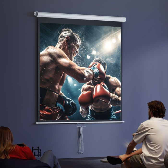 Pantalla de proyección HOMCOM de 85 pulgadas para cine en casa, 1:1, 4K HD, montaje en pared/techo, acero, 162,5 x 8 x 162 cm, blanca.