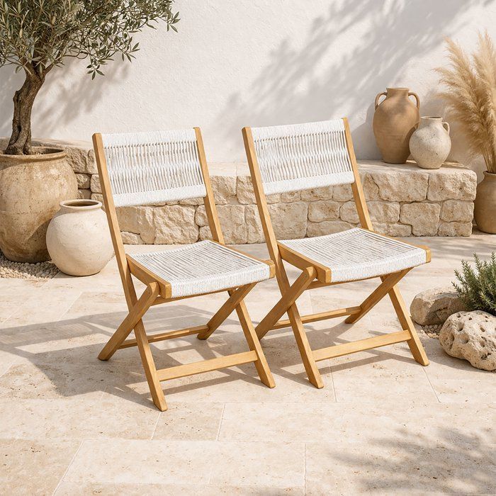 Juego de 2 sillas plegables de jardín - AWANA - Madera de acacia con certificación FSC - Cuerda trenzada - 52 x 48 x 85 cm