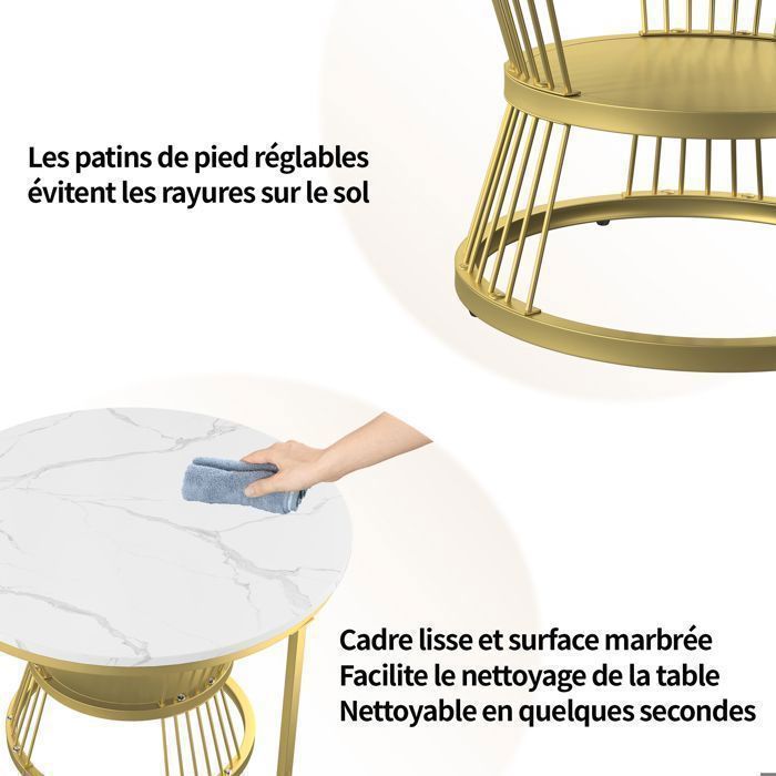 Juego de 2 mesas de centro redondas de estilo escandinavo, con tablero efecto mármol blanco y patas de metal dorado - 70/45 × 45/40 cm