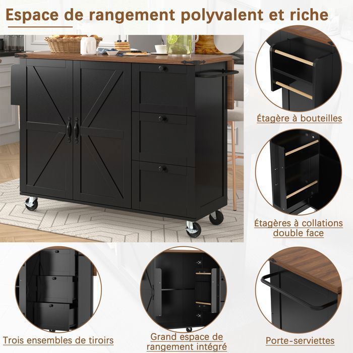 Carrinho de Cozinha - TKOPY - Ilha de Cozinha Extensível com Rodízios, 3 Gavetas e 2 Portas - 140x73x92,5cm - Preto