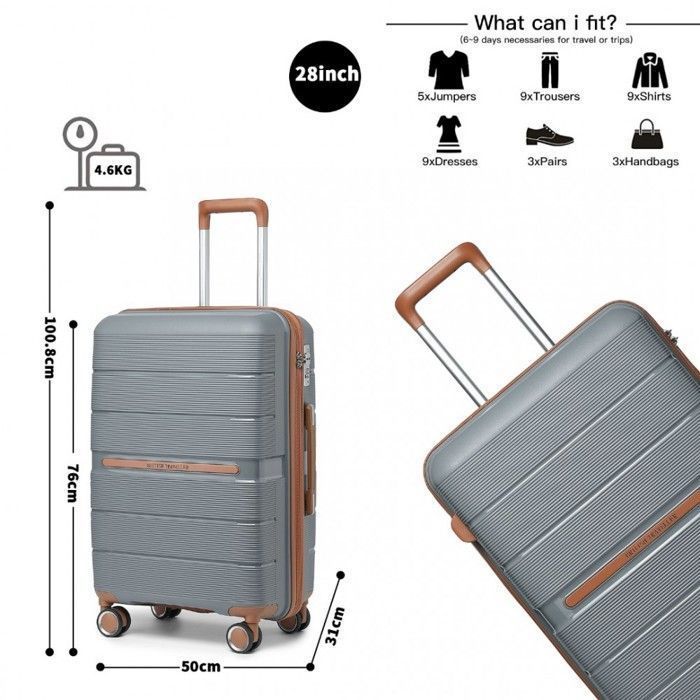 Grote koffer van British Traveller, 76x50x31 cm, harde schaal, geschikt voor inchecken, gemaakt van polypropyleen, met 4 wielen en TSA-slot, grijs.
