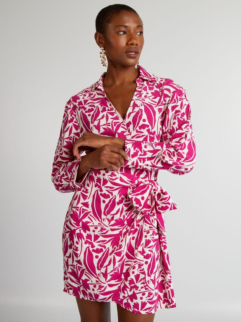 Jurk met strikceintuur en patroon - ROZE