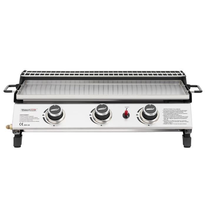 Royal Gourmet Gas Plancha - 3 branders, 7,5 kW vermogen, 61,5 x 32 cm roestvrijstalen kookoppervlak met warmhoudrek