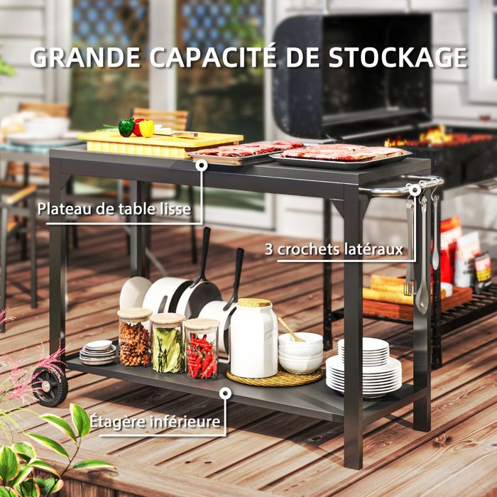 Desserte de jardin - HOMCOM - à roulettes - avec plan de travail - en acier - 135 x 55 x 86,5 cm - noir