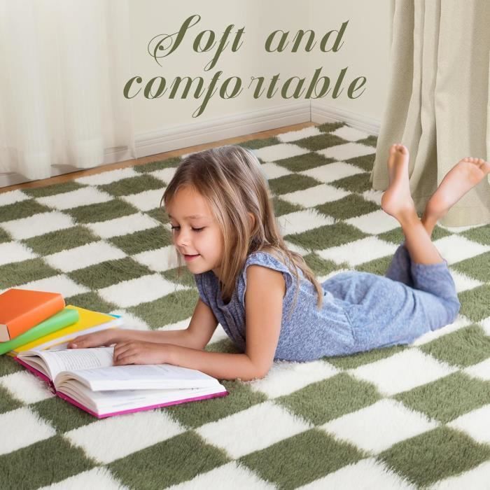 Tapis Salon Shaggy 160 x 230 cm Descente de lit Poils Longs Doux pour Salon Chambre Canapé Moelleux Chambre Blanc Vert