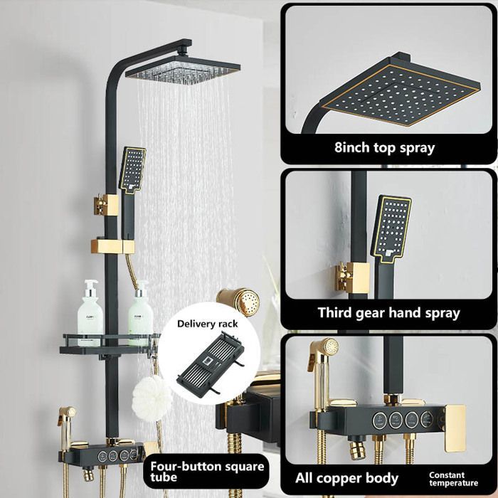 Columna de ducha negra y dorada, columna de ducha de baño de altura regulable, mezclador de ducha con ducha de mano y cabezal de ducha.