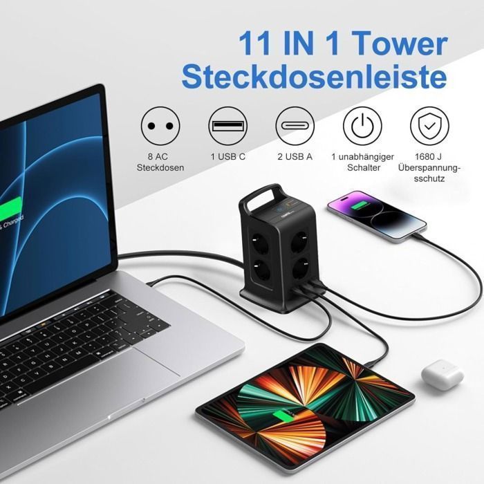 Régua de Tomadas Torre com Protetor Contra Surtos, 8 Tomadas Europeias e 3 Portas USB-A - Cabo de 2m com Interruptor - 16A/4000W - Preta