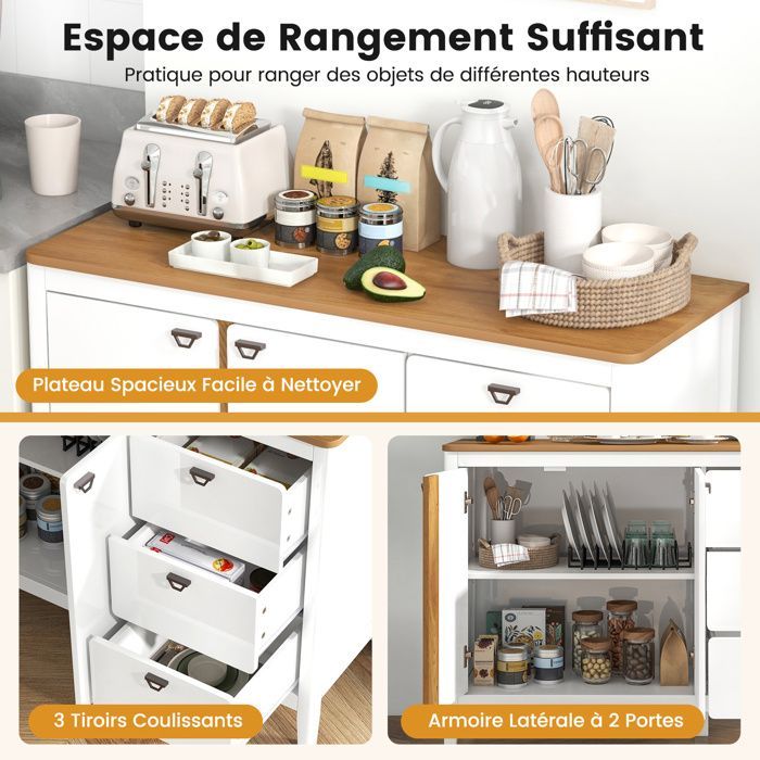 COSTWAY Buffet de Cuisine avec 2 Portes et 3 Tiroirs, Kits Anti-basculement, pour Cuisine, Salle à Manger, Salon, 106 x 40 x 80 cm