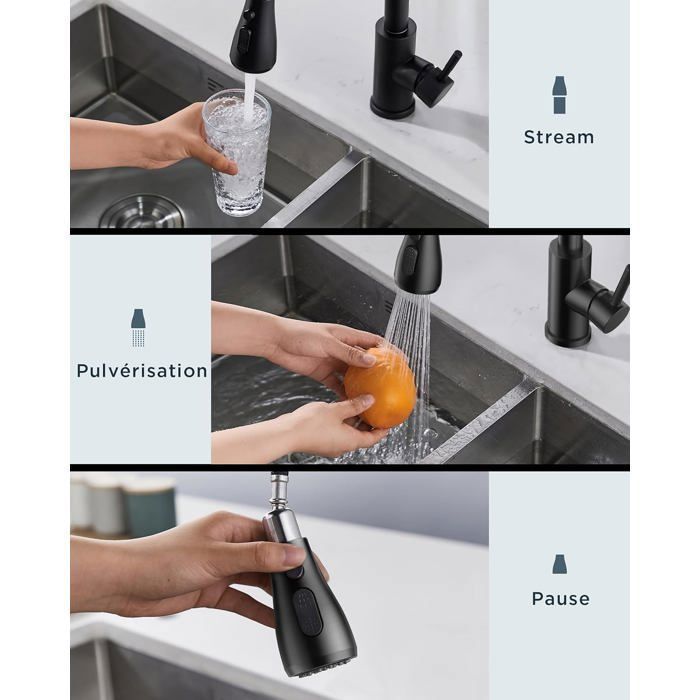 Grifo de cocina negro, con cabezal rociador extraíble y caño giratorio de 360°. Control único para agua fría y caliente.