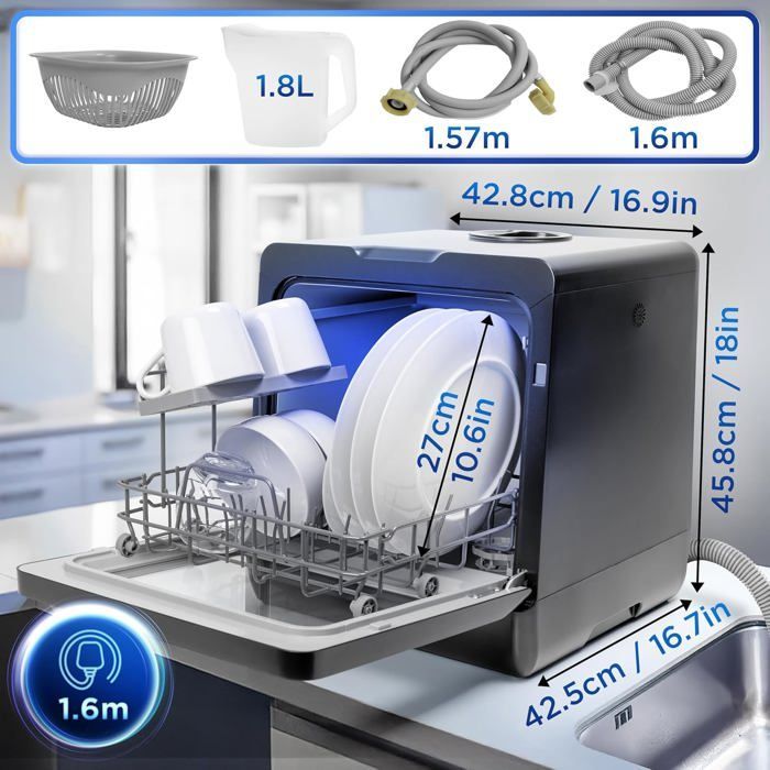 Lava-louças de bancada Duronic DW5 BK 950W, compacta e portátil, ideal para cozinhas pequenas, com 7 programas.