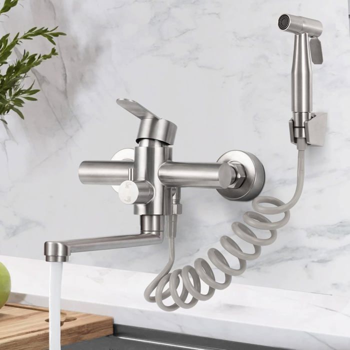 Robinet Mural Cuisine, Mitigeur Cuisine Mural avec Pistolet, Pivotant à 360° Robinet Mélangeur, Tube Rotatif 23cm, Acier Inoxydable