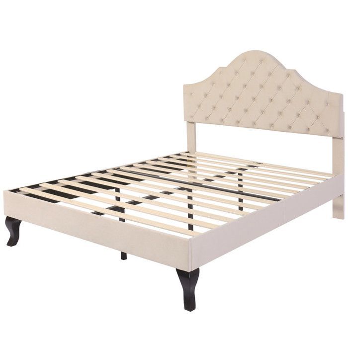 Cama doble de 140x190 cm con somier de láminas, estructura de cama para adultos con cabecero regulable en altura, color beige.